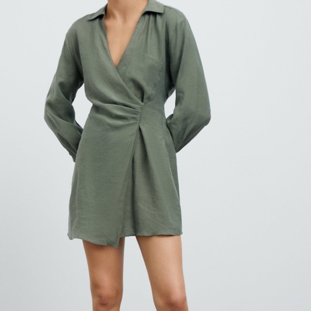 Zara Olive Green Faux Wrap‎ Mini Dress Long Sleeve V-Neck Draped Gathered XS